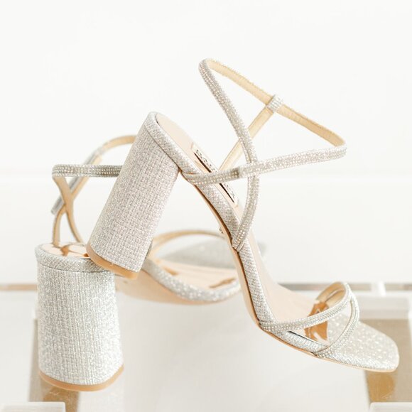 Badgley Mischka Shoes - Badgley Mischka Rebekah Platinum Silver Women 8 Block Heel Sandal Fabric